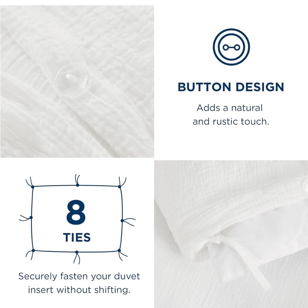 NIP Bedsure 100% Muslin Cotton Duvet Cover,Queen,White,Breathable,Lightweight - Picture 5 of 12